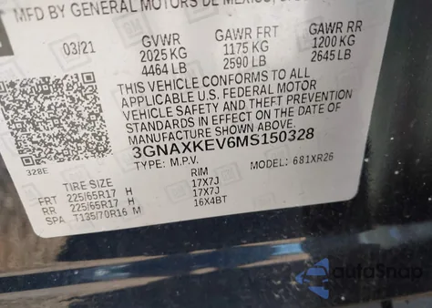 2021 Chevrolet Equinox Fwd Lt from USA, damaged, VIN 3GNAXKEV6MS150328